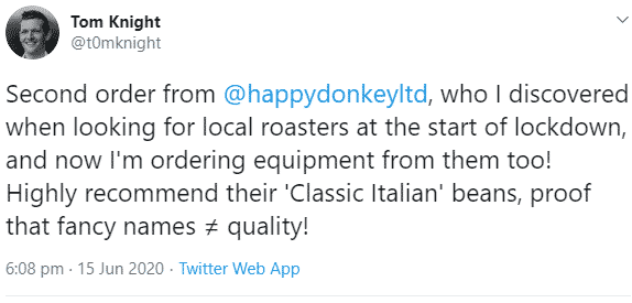 Image displaying a coffee roast happy donkey comment from twitter.